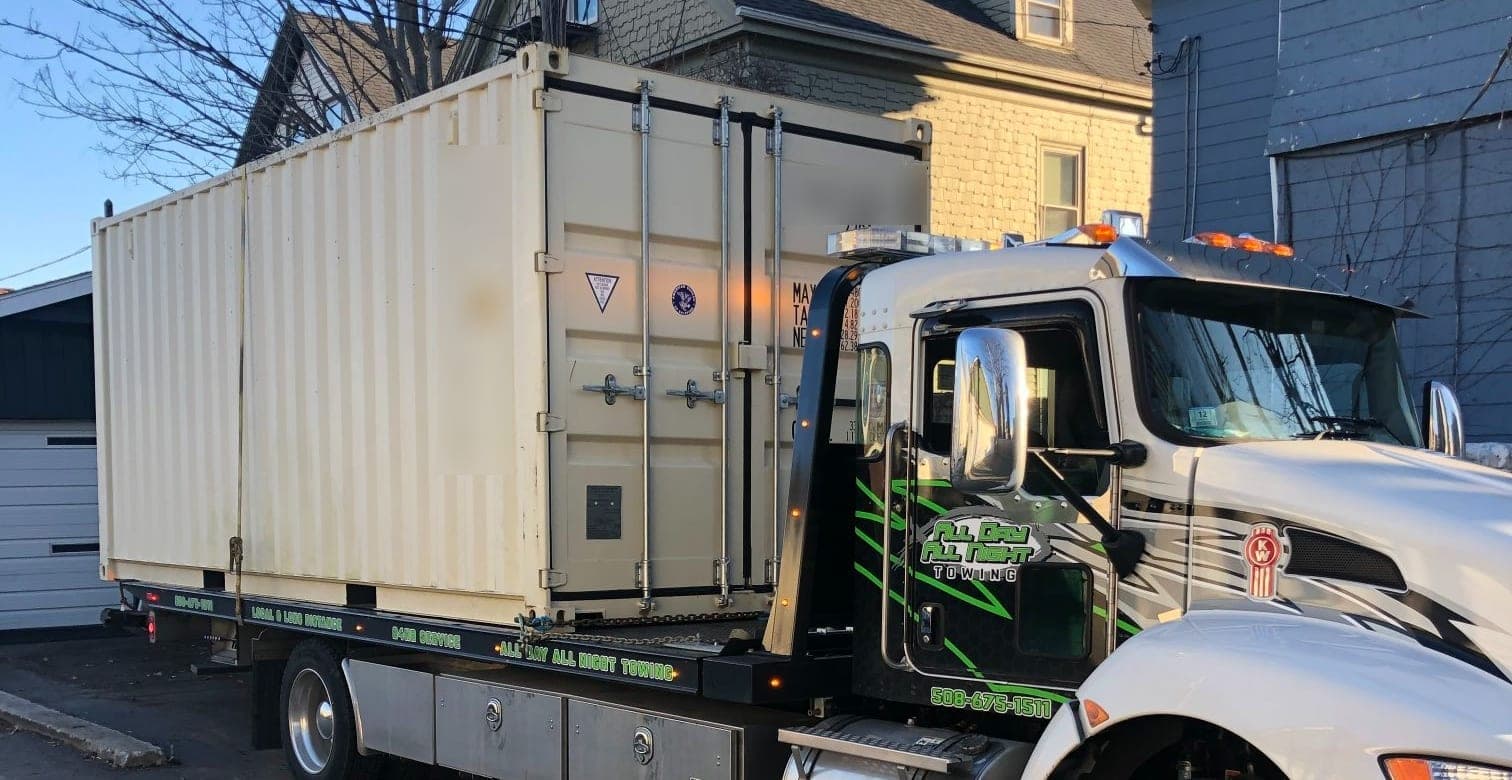 Shipping container on the flatbed